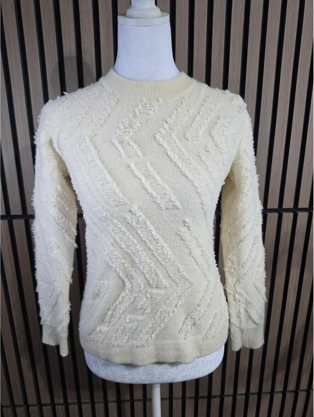 Tory Burch Women's Wool Knit Pullover Sweater Crew Neck Chevron Fringe Ivory XS